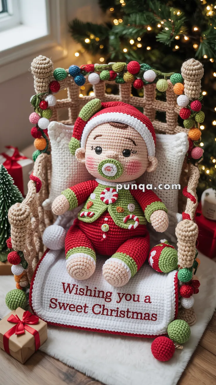 A crocheted baby doll dressed in a festive red and green outfit with a pacifier, seated in a decorative chair adorned with colorful yarn balls. The chair has a blanket that reads 'Wishing you a Sweet Christmas.' A Christmas tree and wrapped gifts are in the background, creating a holiday scene.