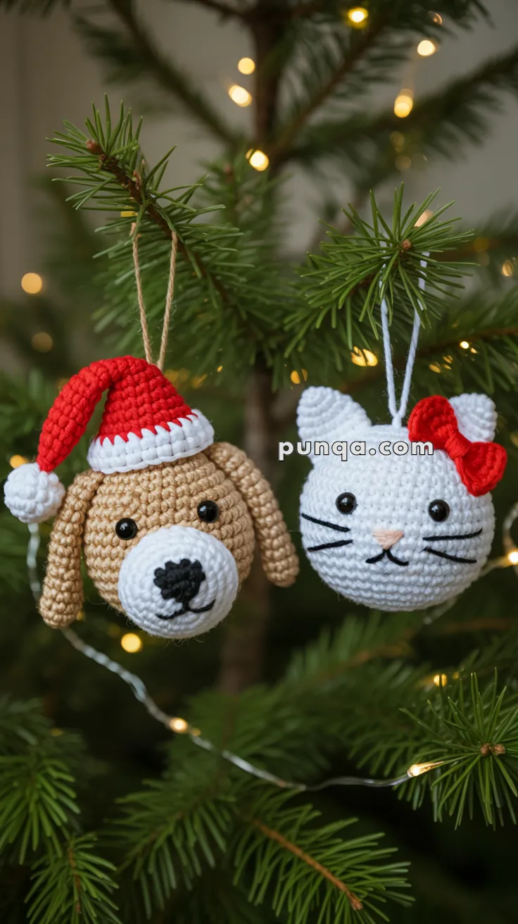 Knitted dog and cat ornaments hanging on a Christmas tree; the dog wears a red Santa hat, and the cat has a red bow.