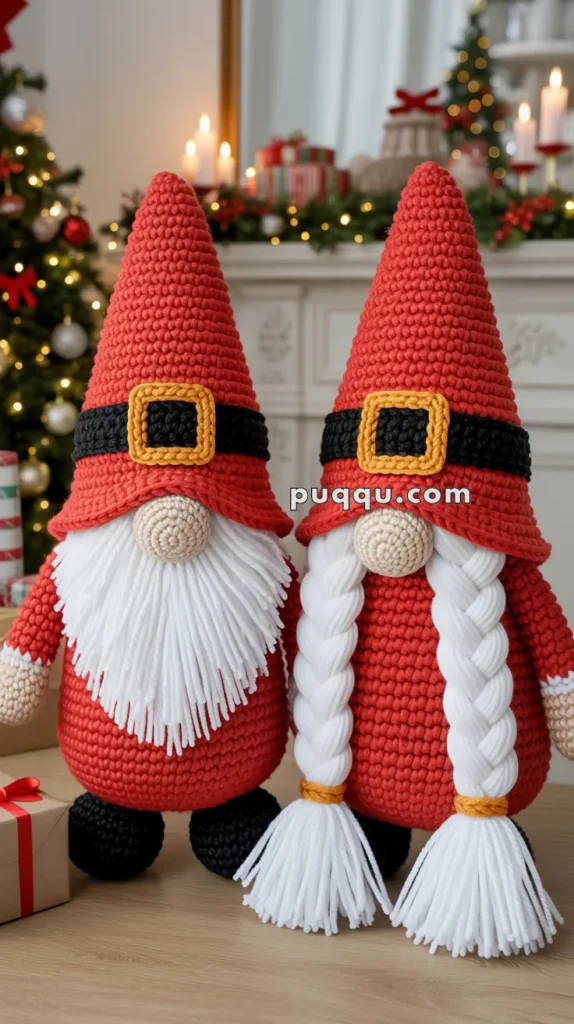 Two crocheted gnome figures with red hats, white beards, and black boots stand in front of a festive Christmas backdrop with a decorated tree and presents.