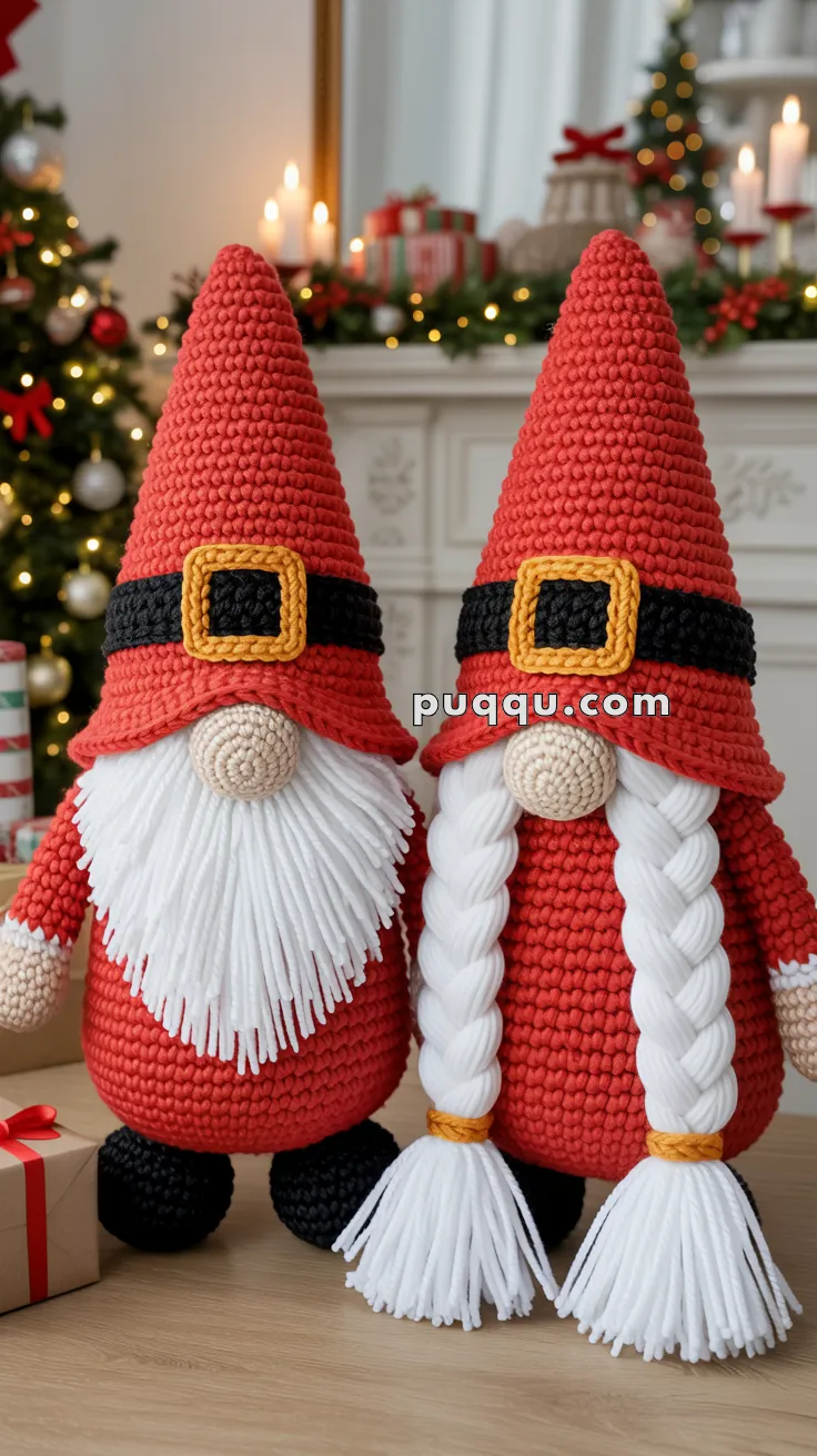 Two crocheted gnome figures with red hats, white beards, and black boots stand in front of a festive Christmas backdrop with a decorated tree and presents.