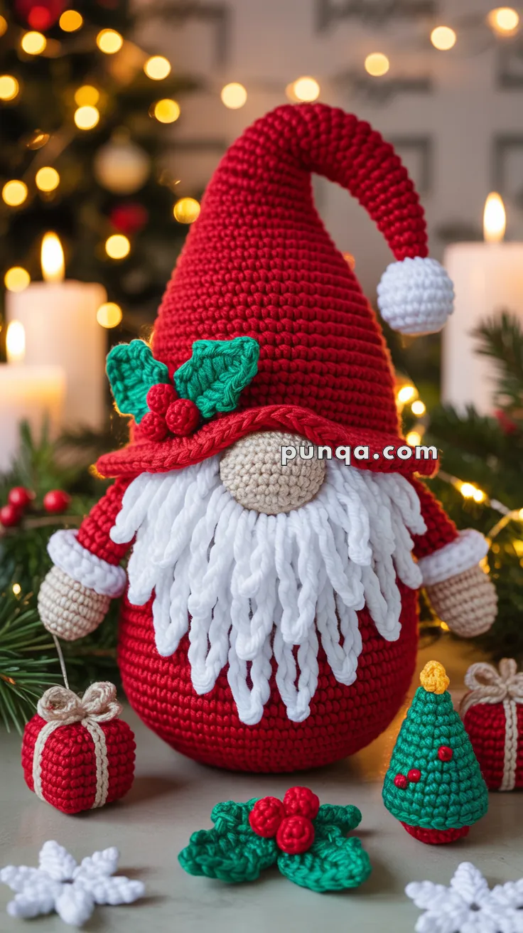 A crocheted Christmas gnome with a red hat and white beard, surrounded by decorative items like a small gift, a tiny Christmas tree, and holly leaves, set against a festive background with candles and blurred Christmas lights.