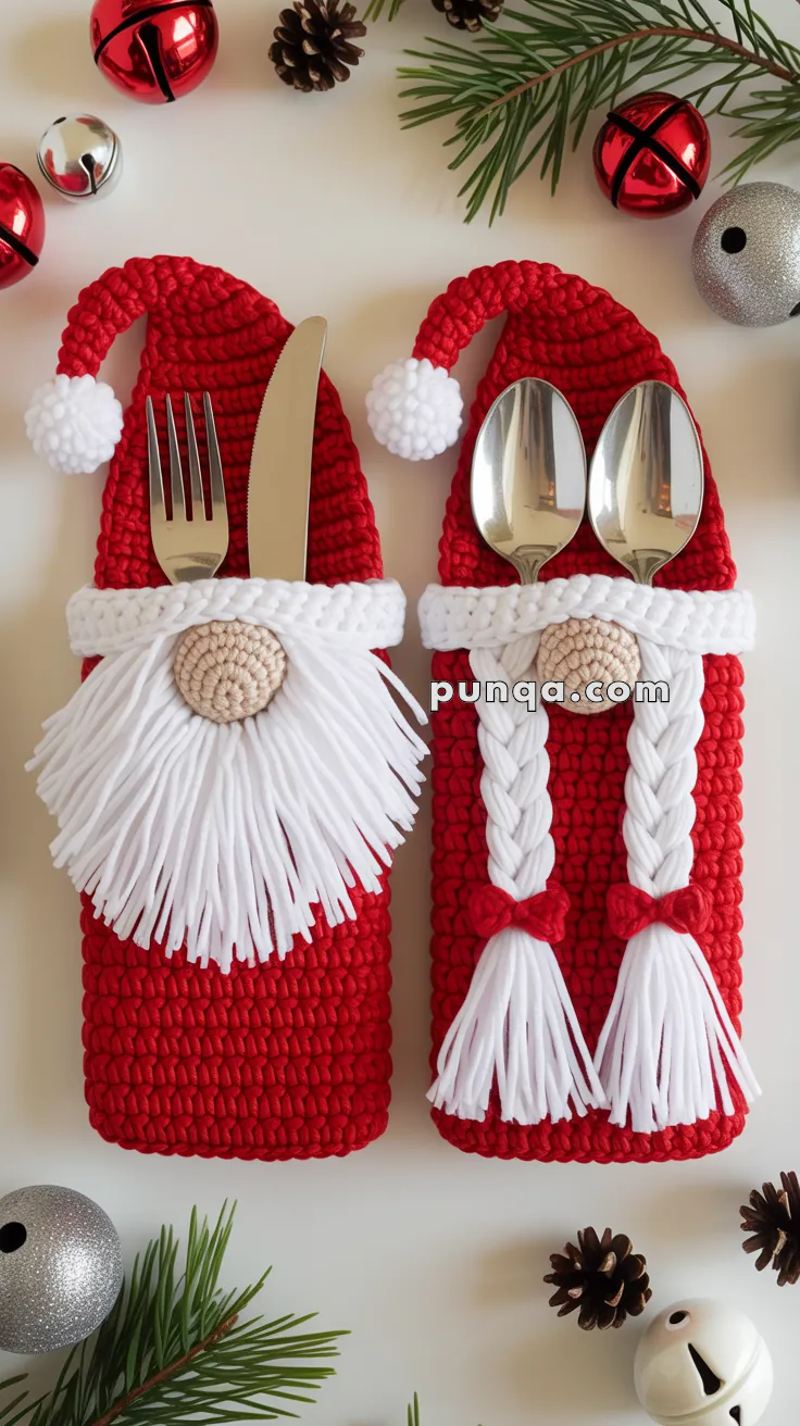 Two crocheted Santa-themed utensil holders, one with a white beard and the other with white braids, holding silverware against a festive background with pine branches, pinecones, and jingle bells.
