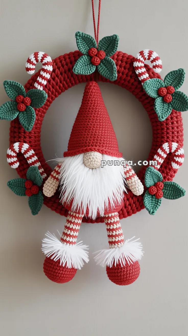 A crocheted Christmas wreath featuring a gnome with a red hat and beard, surrounded by red and white candy canes and green leaves with red berries.