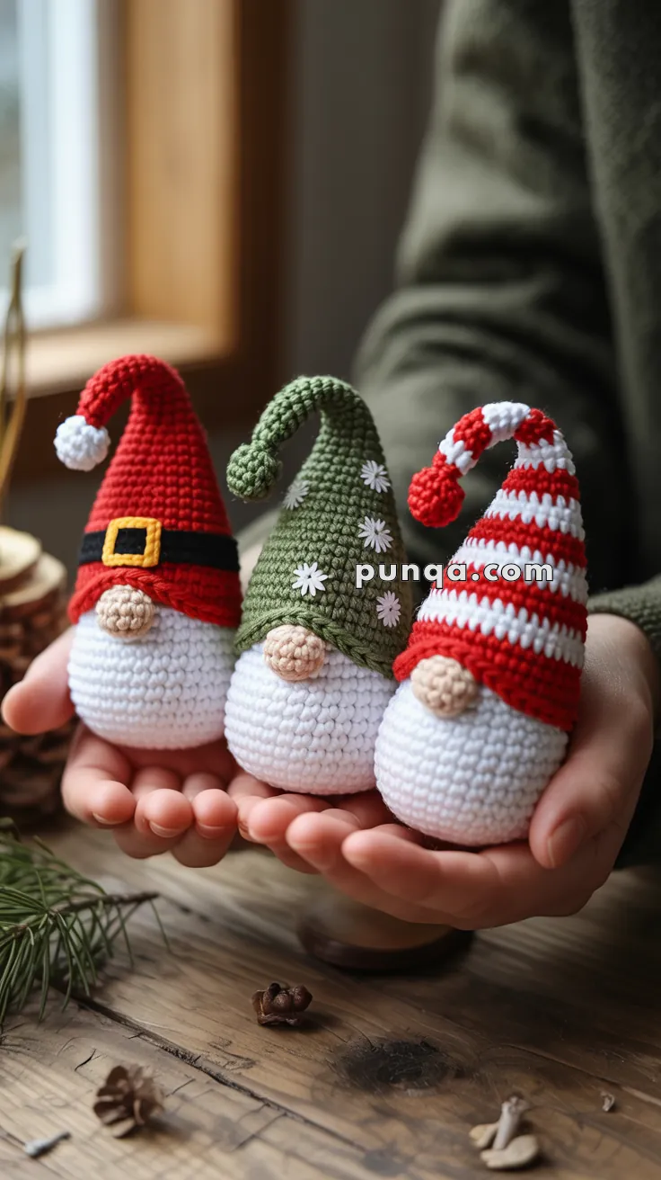 A person holding three crocheted gnomes with hats, in shades of red and green, on a wooden surface near pinecones.