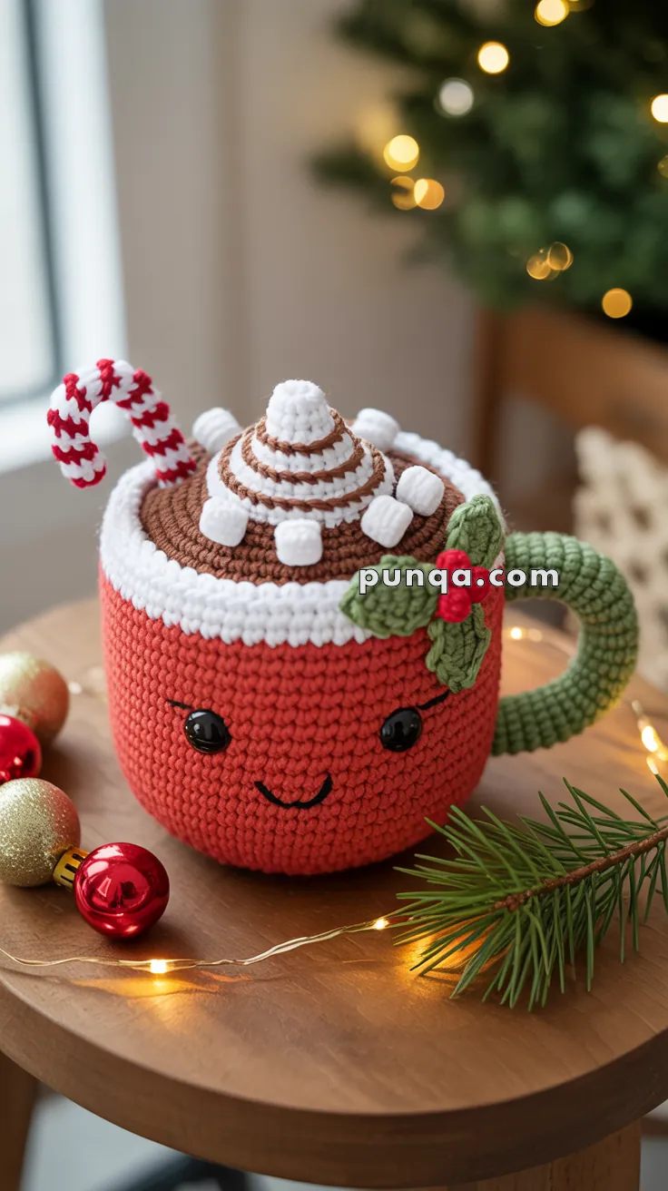 A crocheted red mug with a smiling face, decorated with whipped cream, marshmallows, and a candy cane, sits on a wooden table amidst Christmas decorations.