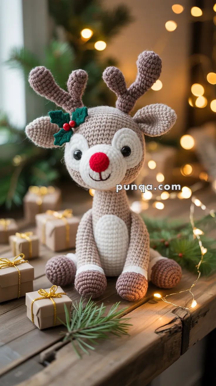 A crocheted reindeer toy with a red nose and a green holly decoration sits on a wooden table surrounded by small, gift-wrapped boxes and festive lights, with a blurred Christmas tree in the background.
