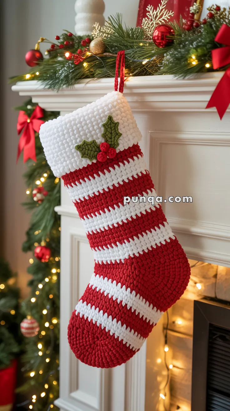 A festive red and white crocheted Christmas stocking with a holly leaf and berries decoration is hanging from a decorated mantel with garland, lights, and ornaments.