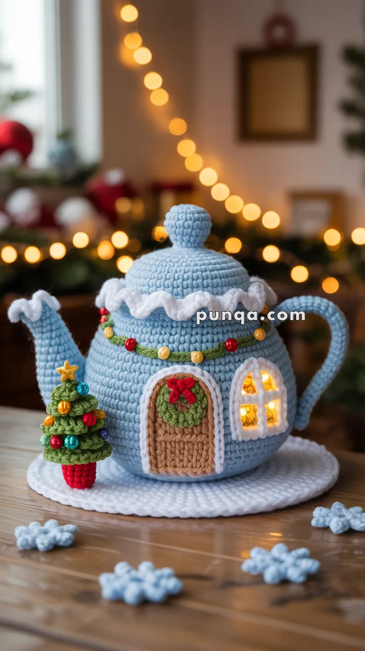A cozy crocheted teapot designed as a snow-covered house, complete with a wreath on the door and lit windows, sitting on a tabletop surrounded by snowflake decorations.