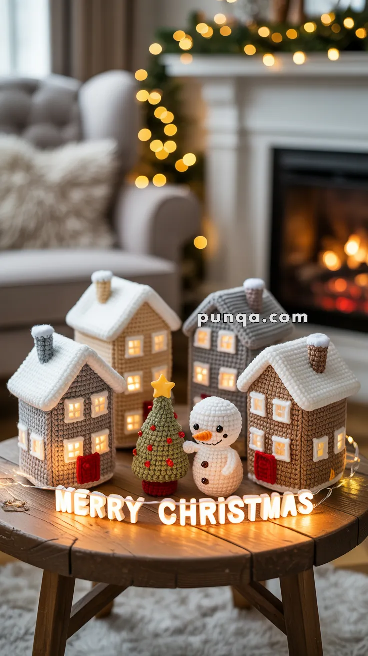A cozy Christmas scene featuring knitted miniature houses lit from within, a knitted snowman and Christmas tree, and the words 'MERRY CHRISTMAS' in glowing letters on a wooden table, with a blurred fireplace and lit garland in the background.