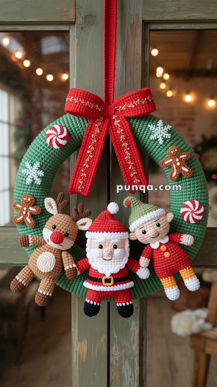 A crochet Christmas wreath featuring Santa Claus, a reindeer, and an elf, adorned with red and white candy patterns and gingerbread men, hung by a red ribbon with gold stitching.