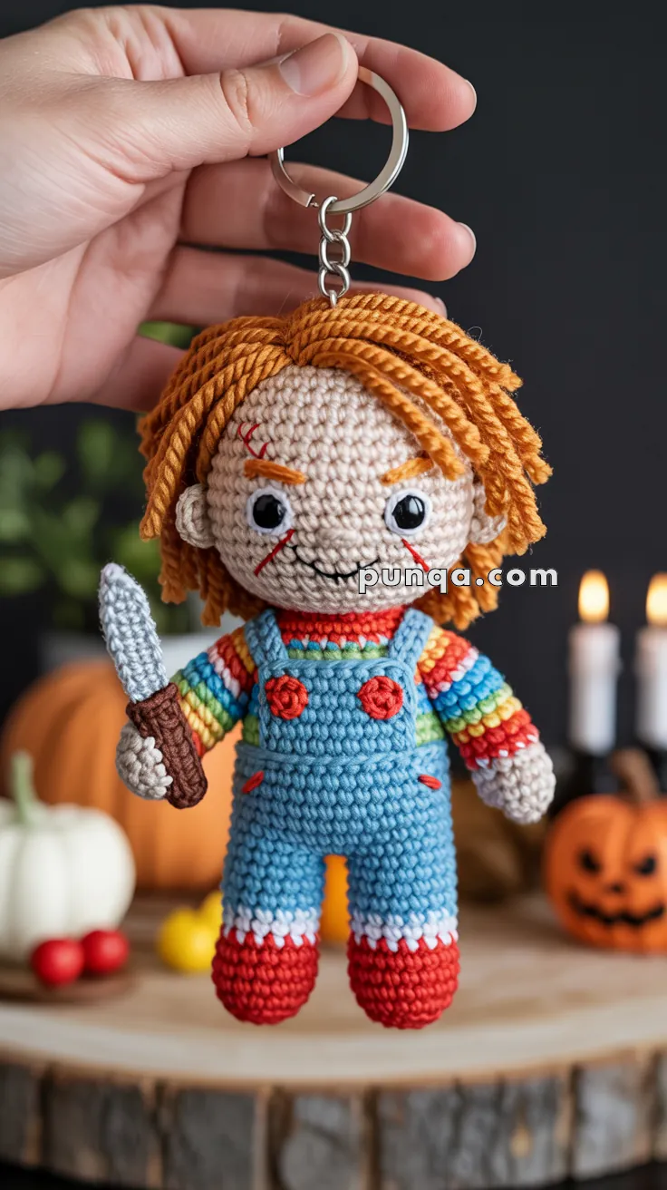 A hand holding a crocheted doll keychain with orange hair, wearing a rainbow-striped sweater and blue overalls, and holding a small knife, set against a background with pumpkins and candles.