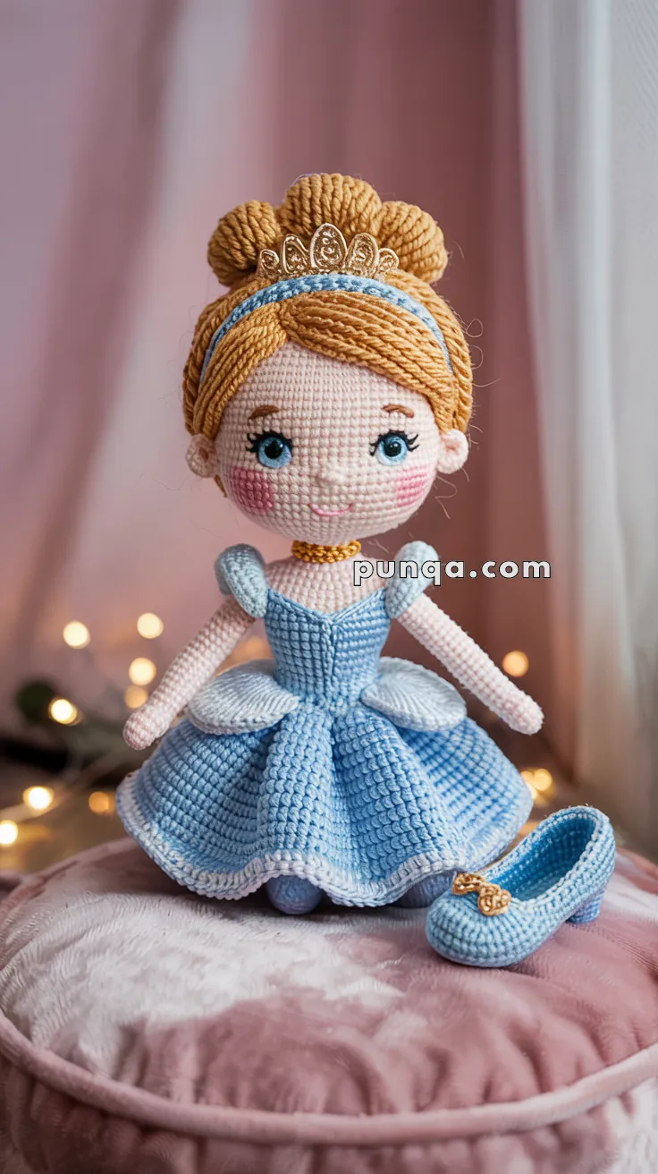 A crocheted doll dressed in a blue gown with blonde hair styled in a bun and a small tiara, standing on a pink cushion with a crocheted blue shoe next to it.
