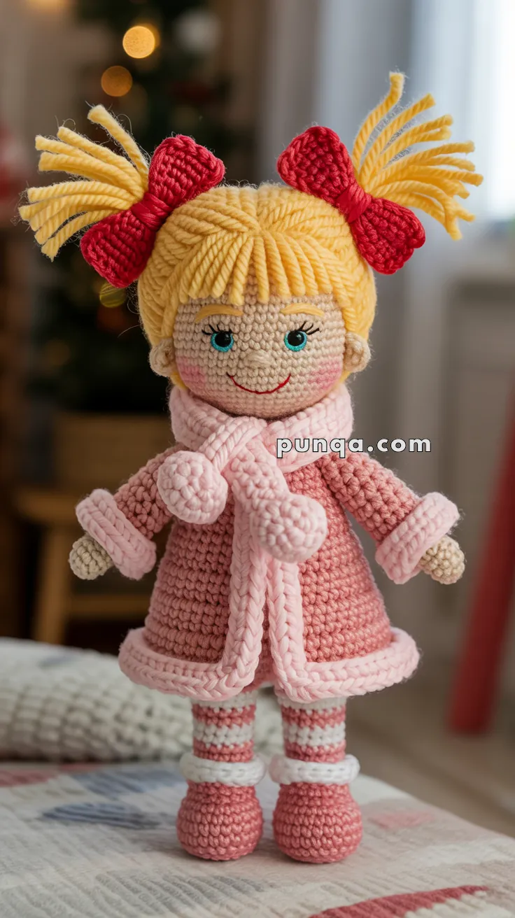 A crocheted doll with yellow yarn hair styled in pigtails tied with red bows, wearing a pink coat, scarf, and boots, set against a cozy indoor background with blurred Christmas decorations.