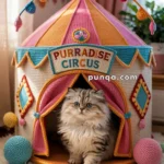 A fluffy cat sits inside a colorful, knitted circus-themed cat house labeled "Purradise Circus," with decorative bunting in the background.