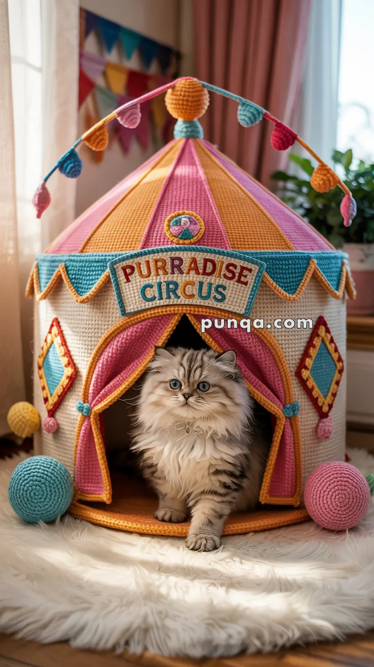 A fluffy cat sits inside a colorful, knitted circus-themed cat house labeled "Purradise Circus," with decorative bunting in the background.