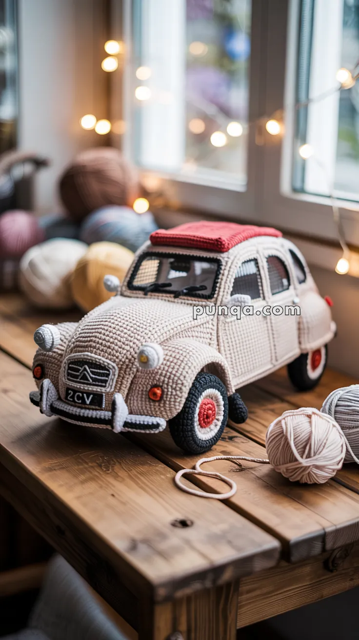 A crocheted model of a vintage car, resembling a Citroën 2CV, is placed on a wooden table surrounded by balls of yarn. The car features detailed stitching with a red roof and is set against a softly lit background with fairy lights.
