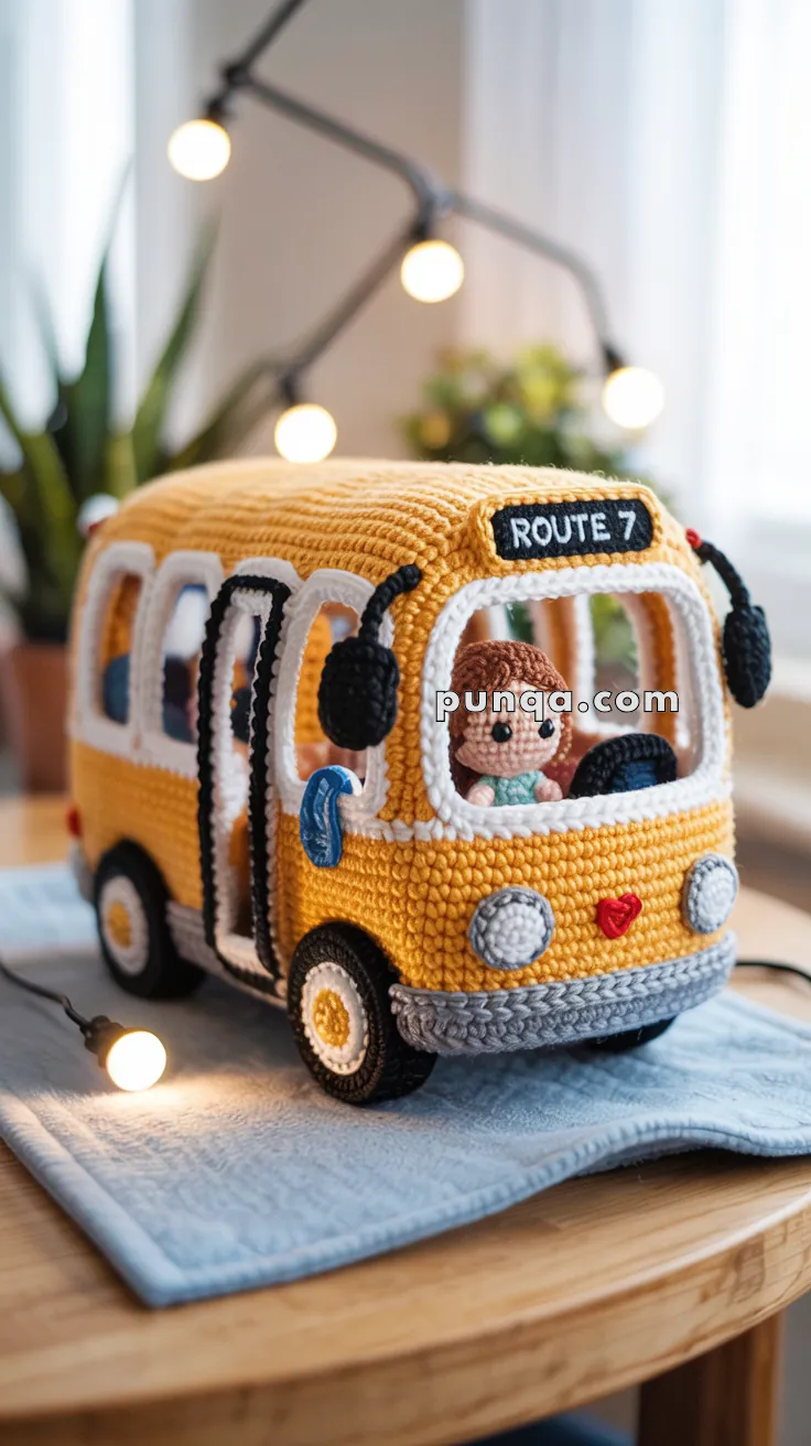 A crocheted toy bus labeled "Route 7" with a small doll inside, placed on a table with string lights in the background.