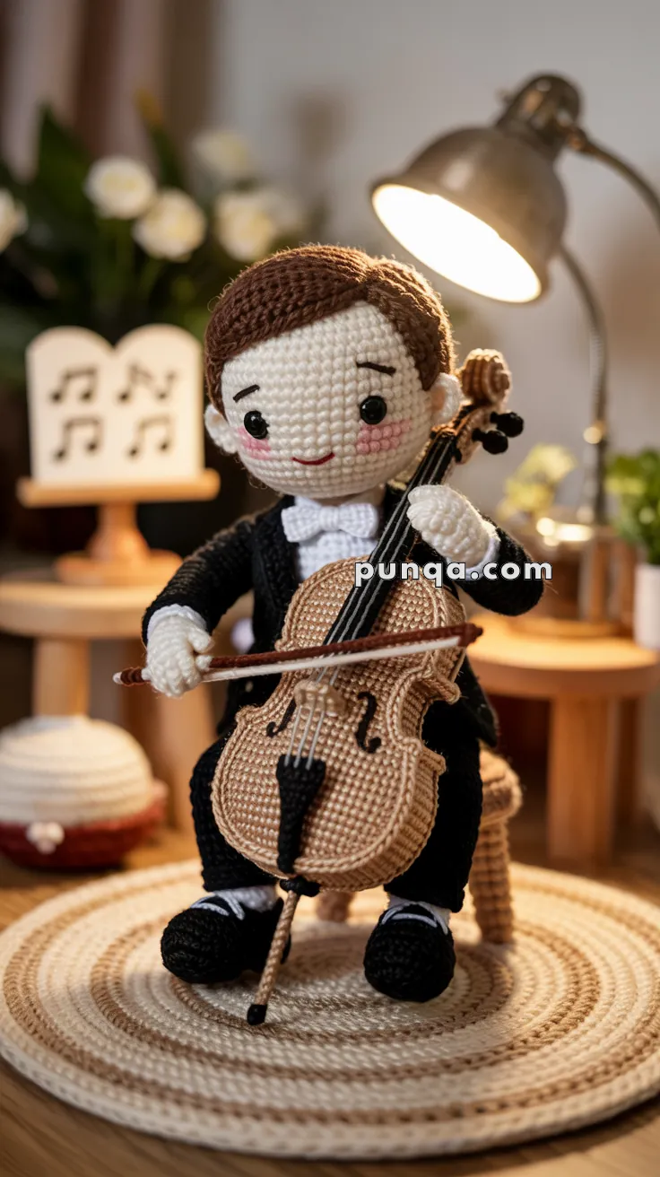 A crocheted doll in formal attire playing a cello, seated under a lamp, with a music stand and potted plants in the background.