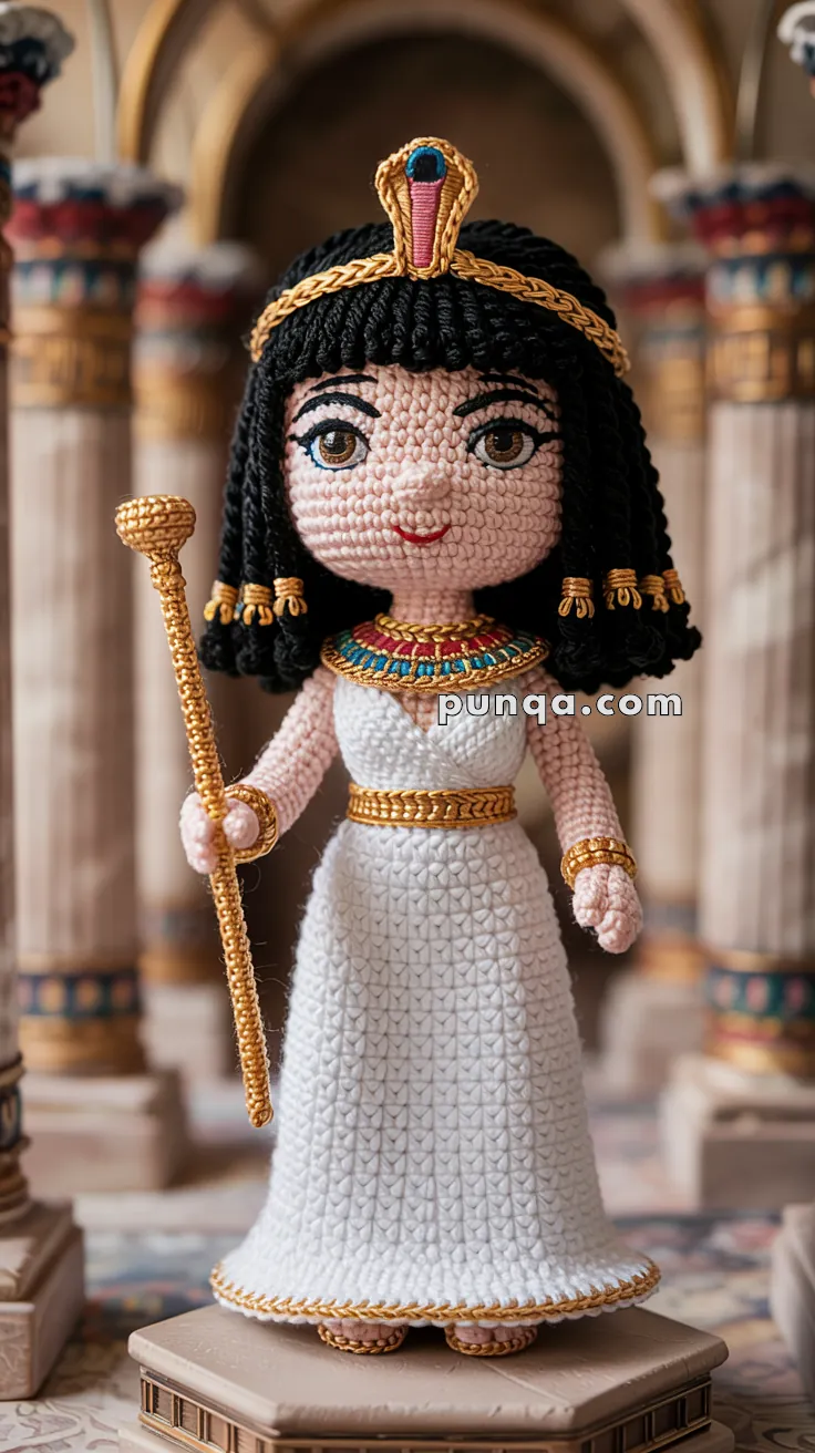 A crocheted doll dressed in ancient Egyptian attire, featuring a white gown, a colorful beaded collar, and a gold crown with a serpent motif. The doll is holding a golden staff and is standing in a setting with Egyptian-style columns.