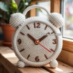 A crocheted alarm clock with a cream-colored body and brown numbers, sitting on a wooden surface near a window, with a potted plant in the background.