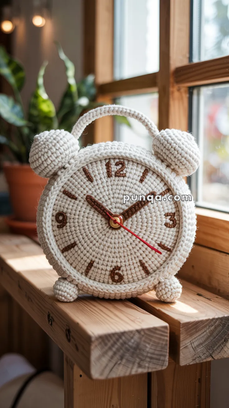 A crocheted alarm clock with a cream-colored body and brown numbers, sitting on a wooden surface near a window, with a potted plant in the background.