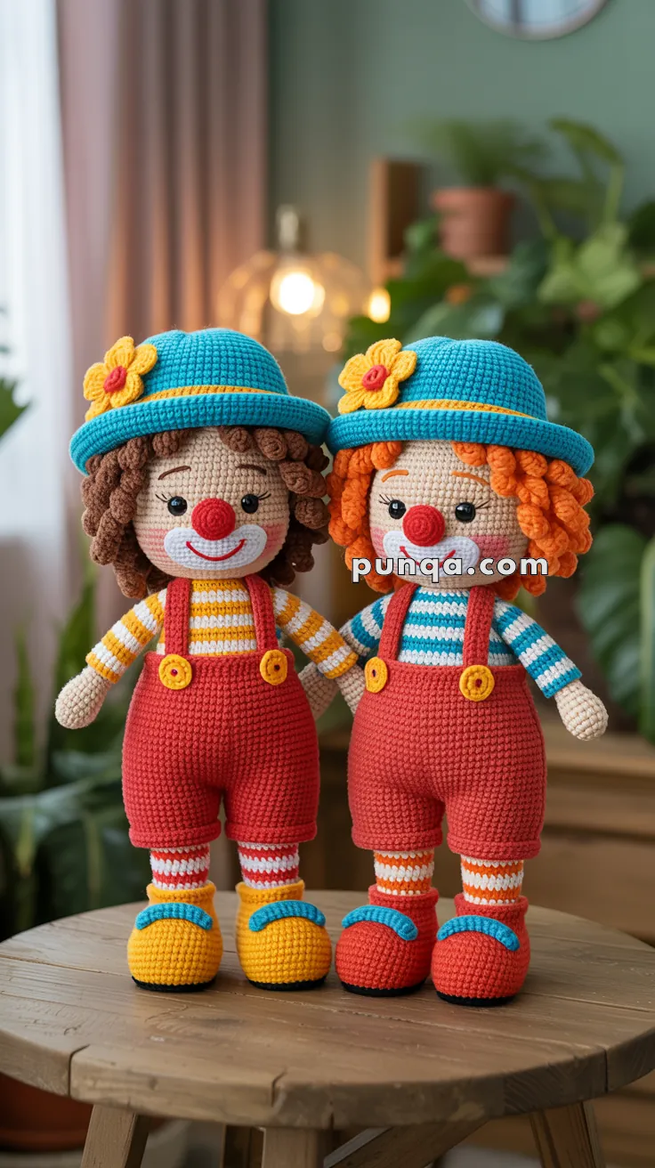 Two crocheted clown dolls wearing blue hats with yellow flowers, red overalls, and colorful striped shirts, standing on a wooden surface in a warmly lit room.