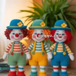 Three colorful crocheted clown dolls with hats, standing on a wooden table in a warmly lit room with a lamp and a plant in the background.