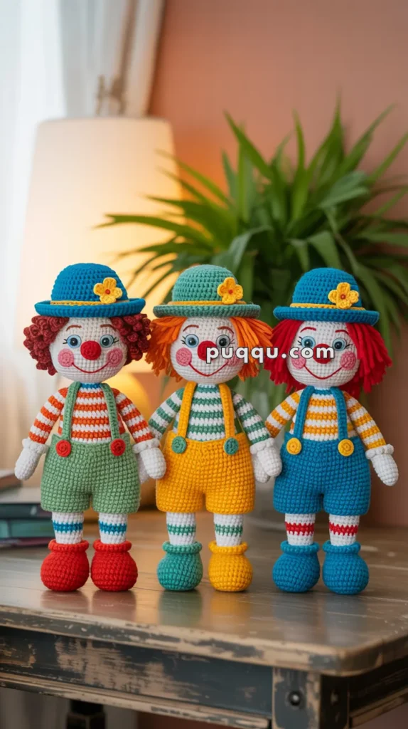 Three colorful crocheted clown dolls with hats, standing on a wooden table in a warmly lit room with a lamp and a plant in the background.