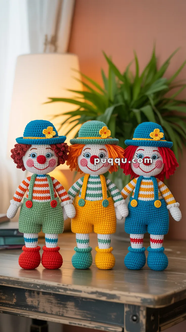 Three colorful crocheted clown dolls with hats, standing on a wooden table in a warmly lit room with a lamp and a plant in the background.