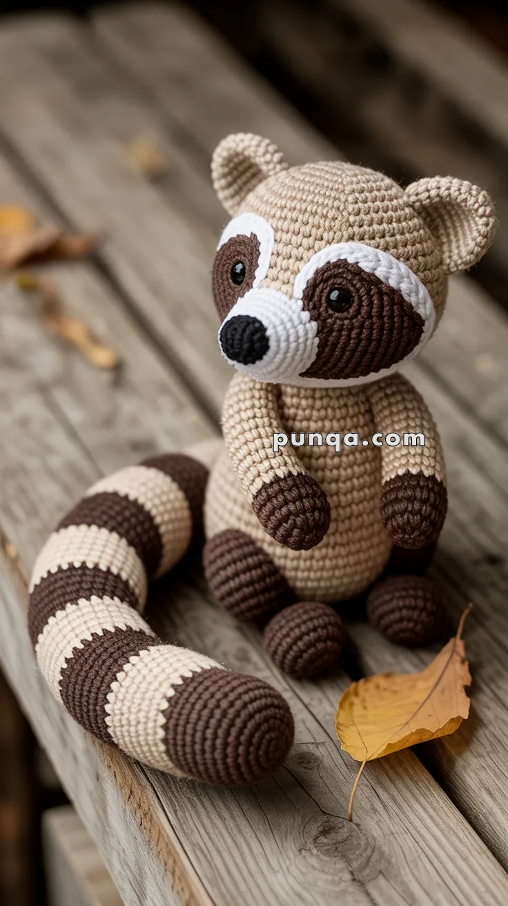 A handmade crocheted raccoon toy sitting on a wooden surface with an autumn leaf nearby.