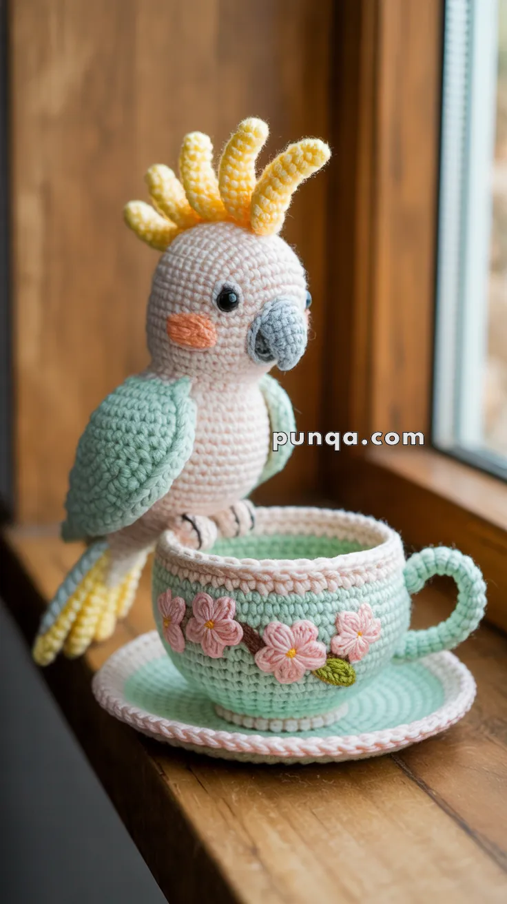 A crocheted bird with pastel colors perched on the rim of a crocheted teacup, which has floral designs, sitting on a windowsill.