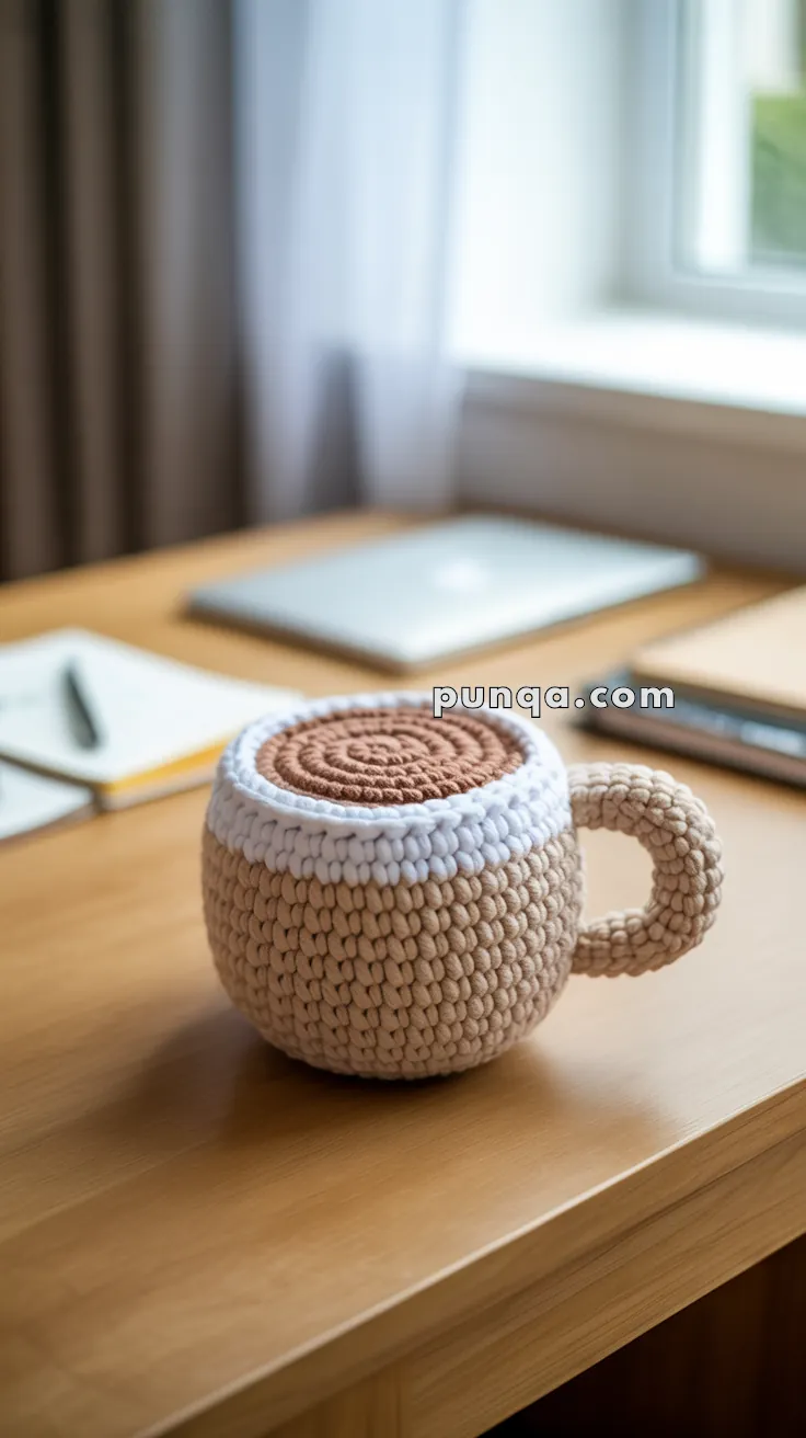 A crocheted coffee cup with a handle sits on a wooden desk, simulating a mug filled with frothy coffee or hot chocolate, against a blurred background of a laptop and notepad.