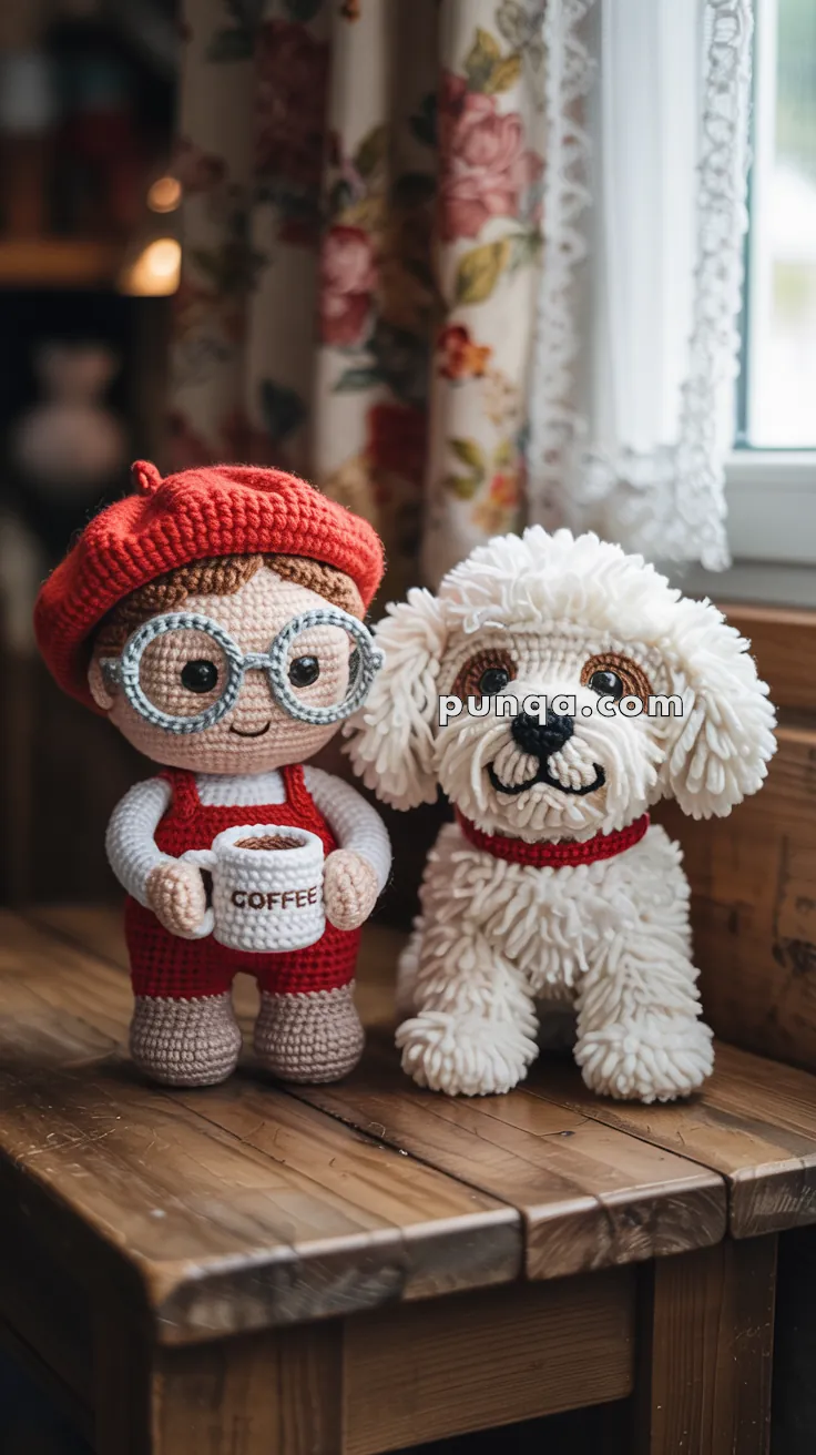Crochet dolls, one wearing a red beret and glasses holding a coffee mug, and the other resembling a fluffy white dog with a red collar, positioned on a wooden surface by a window with lace curtains.