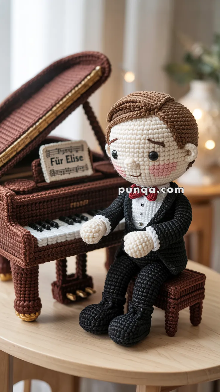 A crocheted doll wearing a tuxedo is sitting on a stool in front of a crocheted grand piano with sheet music titled 'Für Elise.' The doll and piano are made with detailed crochet work, featuring a brown hair, black suit, and a red bow tie on the doll.