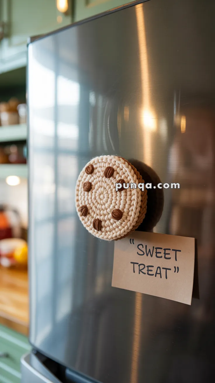 A crocheted item resembling a cookie with chocolate chips, attached to a refrigerator door beside a note that reads "SWEET TREAT."