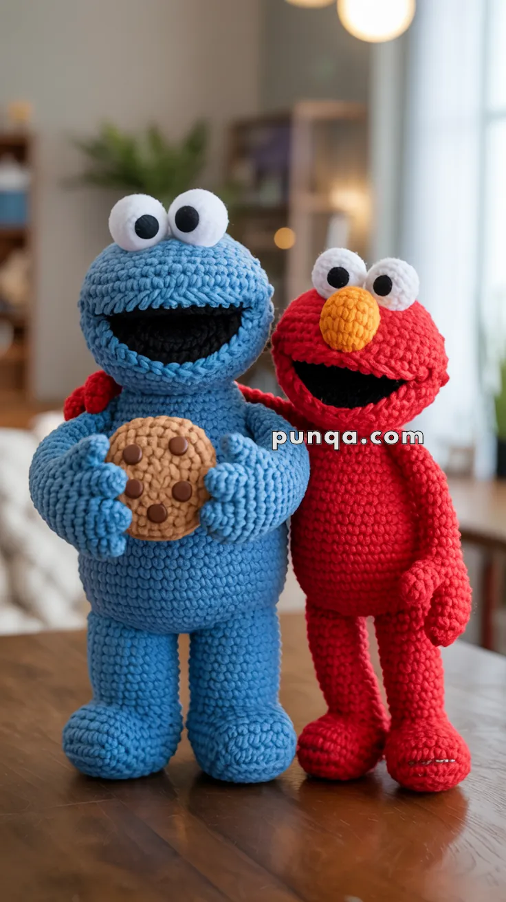 Two crocheted plush toys, one blue holding a brown cookie, and one red with a large orange nose, standing on a wooden surface in a cozy room setting.