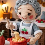 Crocheted doll of an elderly woman with gray hair, wearing a white apron with cherry designs, standing in a kitchen setting with an Italian flag in the background, stirring pasta in a red pot on a stove.