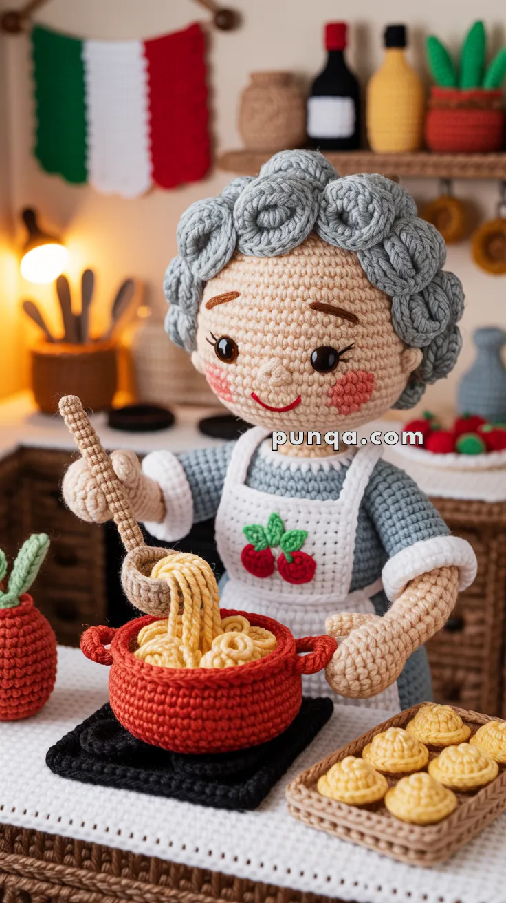 Crocheted doll of an elderly woman with gray hair, wearing a white apron with cherry designs, standing in a kitchen setting with an Italian flag in the background, stirring pasta in a red pot on a stove.