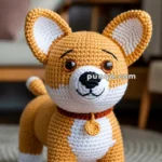 A crocheted corgi dog with brown and white coloring, large eyes, and a collar, standing on a wooden floor with furniture in the background.
