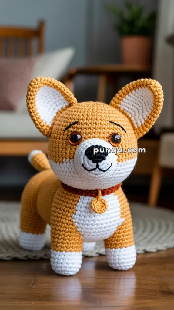 A crocheted corgi dog with brown and white coloring, large eyes, and a collar, standing on a wooden floor with furniture in the background.