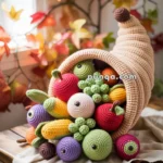 A crocheted cornucopia overflowing with colorful, knitted fruit and vegetables, such as apples, bananas, grapes, and more, set on a wooden table with autumn leaves in the background.