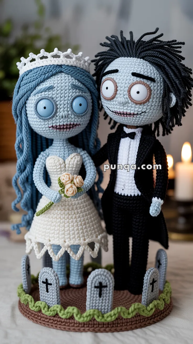 Crocheted figurines of a bride and groom with skeletal features, standing on a round base decorated with small tombstones and green edging.