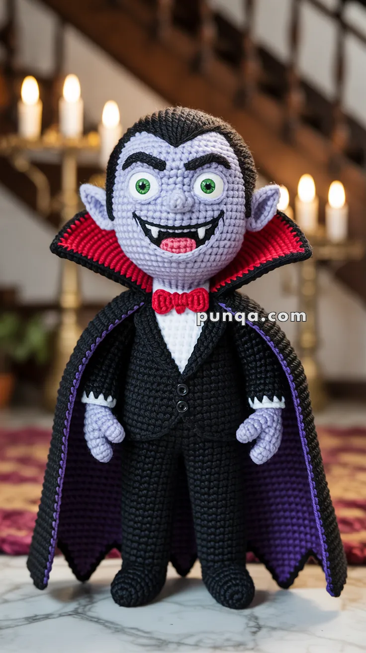 A crocheted vampire doll with pointed ears, green eyes, and sharp fangs, dressed in a black suit with a red bow tie and a cape, standing in a room with lit candles in the background.