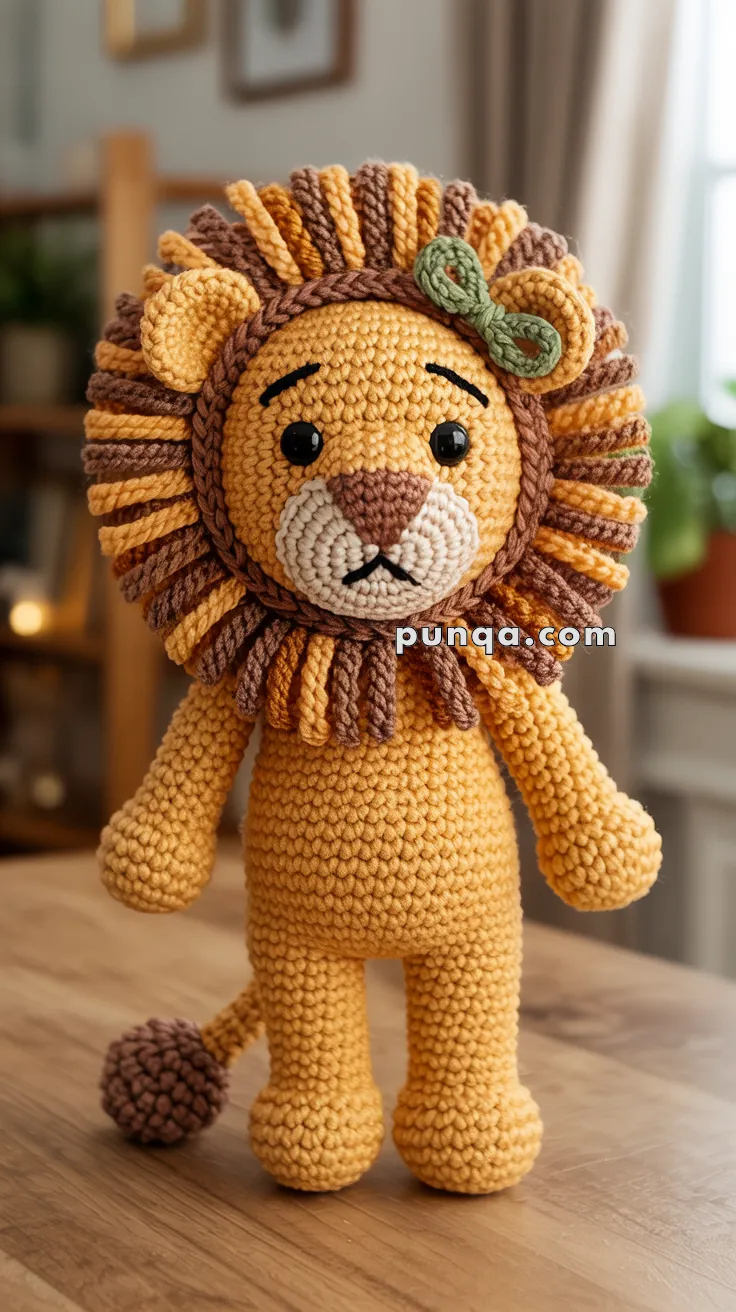 A crocheted amigurumi lion with a fluffy mane, featuring a small green bow on its head, standing on a wooden table in a softly lit room.