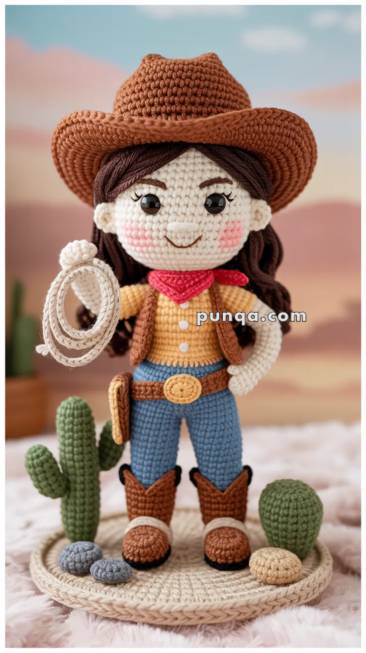 Crocheted doll dressed as a cowgirl with a brown hat, red scarf, and holding a lasso, standing on a woven mat with small crocheted cacti and rocks.