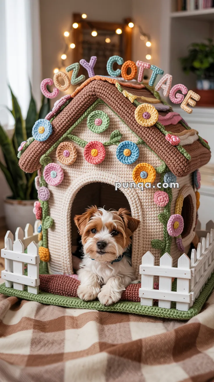 A small dog sitting inside a crocheted dog house labeled 'Cozy Cottage,' decorated with colorful crochet flowers and vines, with a small white picket fence in front.