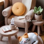 A cozy scene with crochet furniture and accessories, including an armchair with a round pillow, a small table with a crochet mug and book, a plant on a side table, and a sleeping crochet cat on a circular rug.