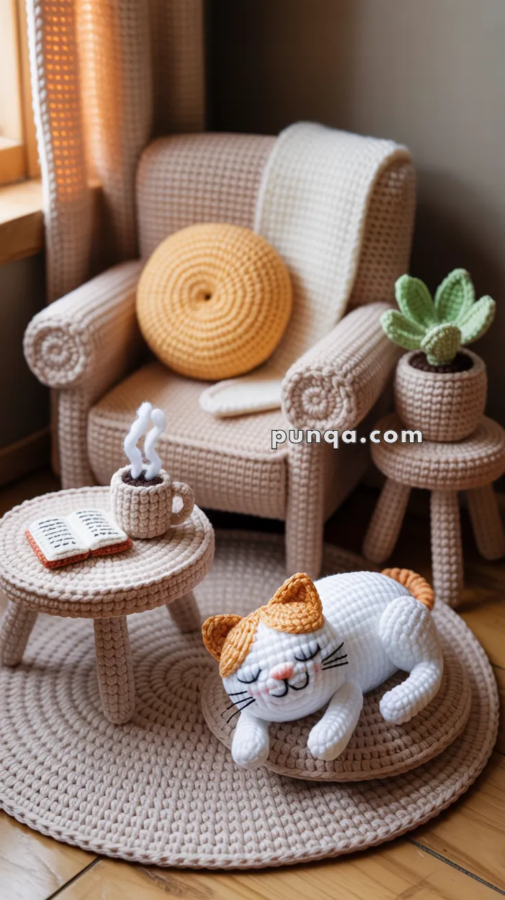 A cozy scene with crochet furniture and accessories, including an armchair with a round pillow, a small table with a crochet mug and book, a plant on a side table, and a sleeping crochet cat on a circular rug.