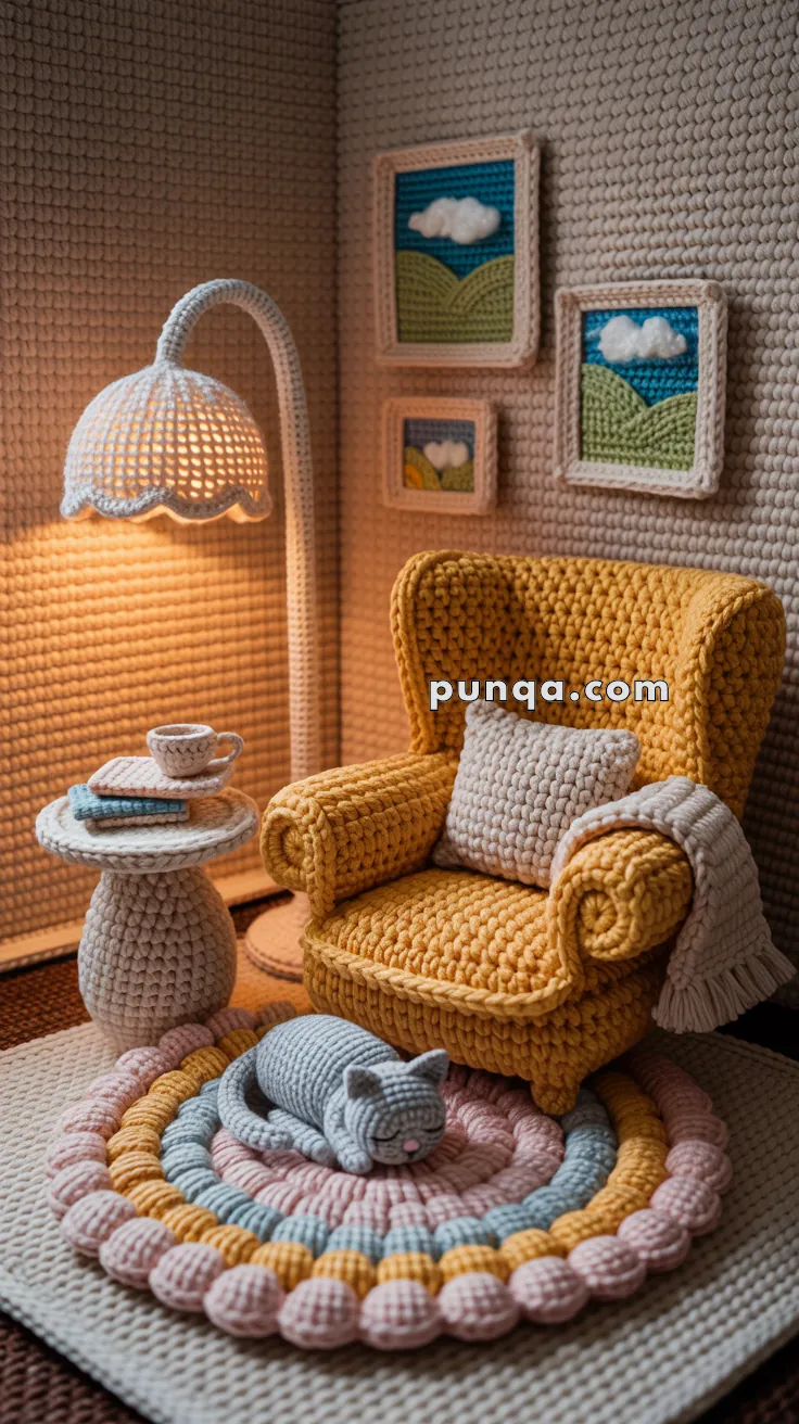 A cozy, knitted miniature living room scene featuring a yellow armchair, a side table with a cup, a floor lamp, and a sleeping cat on a colorful round rug. The walls are adorned with small framed knitted landscapes, adding to the handcrafted aesthetic.