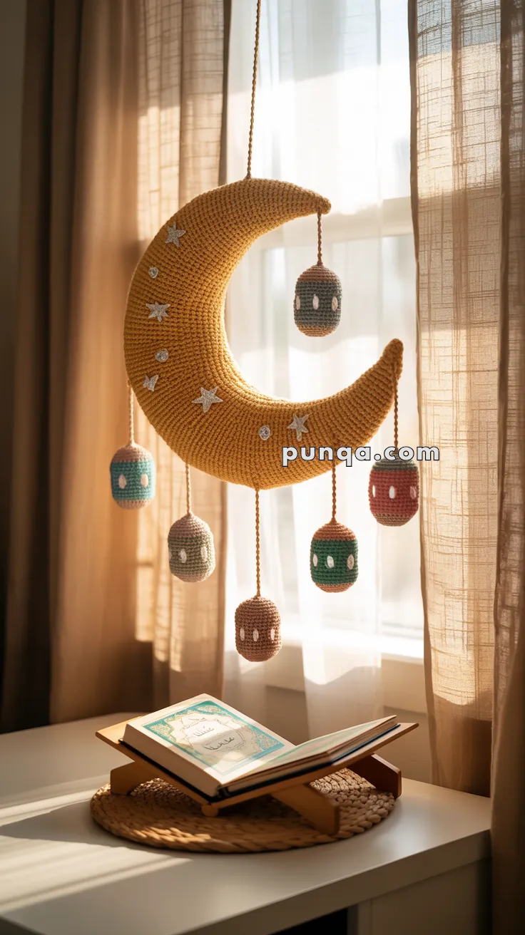 A crocheted yellow crescent moon mobile hanging by a window, adorned with stars and colored spheres. Below, an open book rests on a stand, with curtains filtering sunlight into the room.